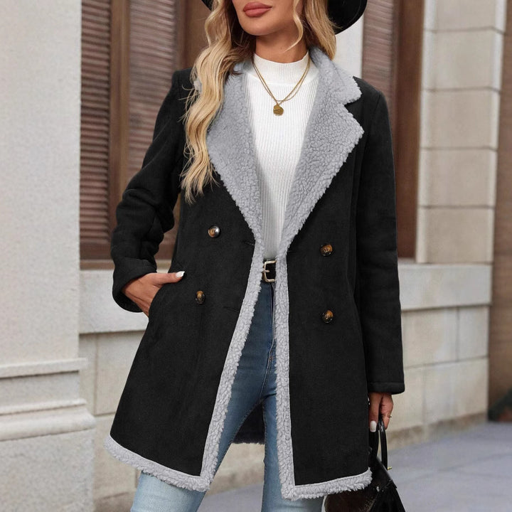 Damen Modische Oversized-Jacke mit Teddyfutter und doppelter Knopfleiste Drune