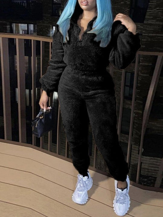 Damen nan kuscheliges Teddy-Lounge-Set mit Halbzip und Highwaist-Jogger Drune
