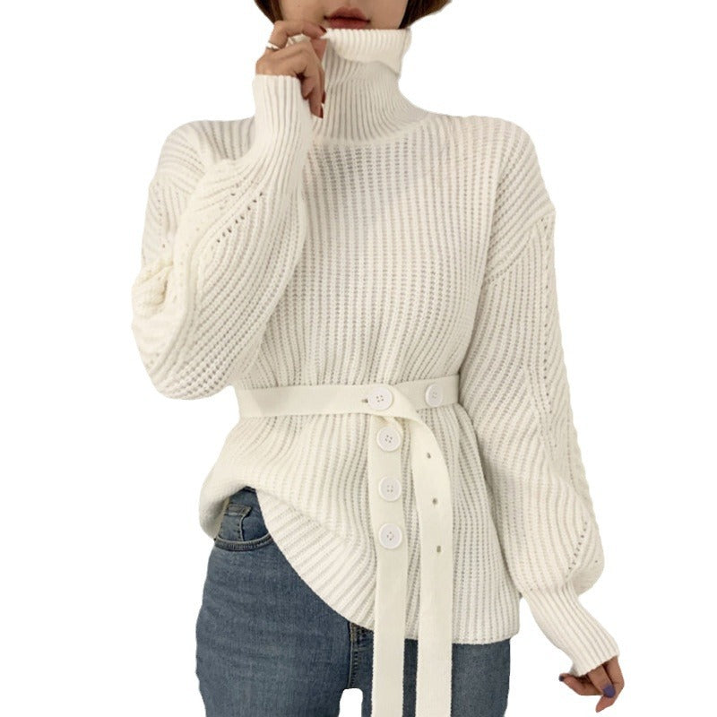 Damen lässiger Strickpullover mit modischem Gürtel Drune
