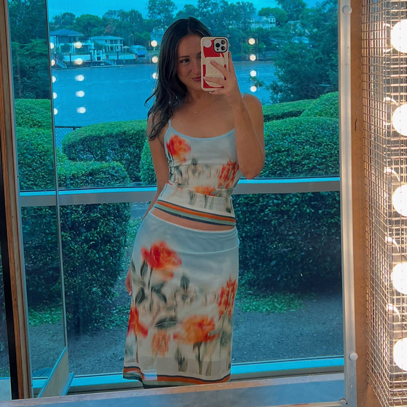 Damen Spaghettiträgertop mit floralem Print und feinem Bund Drune