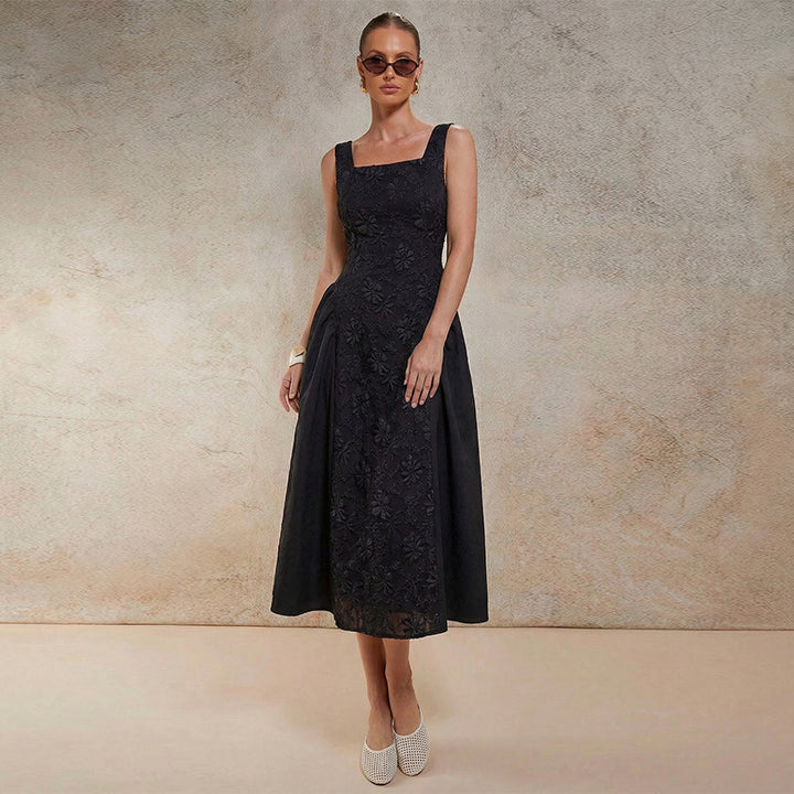 Damen Maxikleid mit floralen Stickereien und weitem Rock Drune