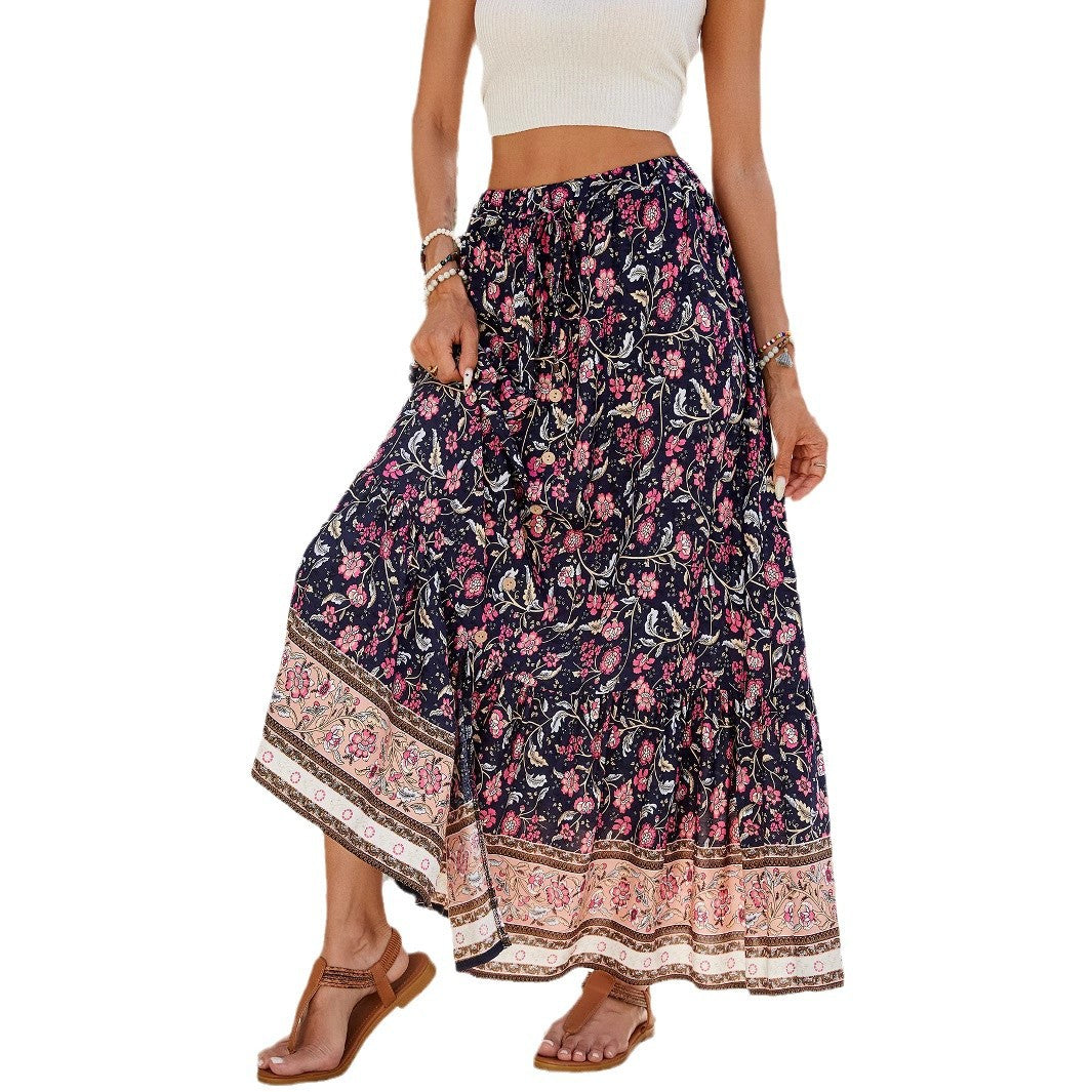 Damen Maxirock mit floralem Druck und regulierbarem Taillenzug Drune