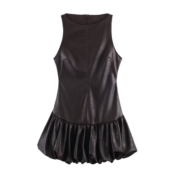 Damen ärmelloses Kunstlederkleid mit voluminösem Rock Drune