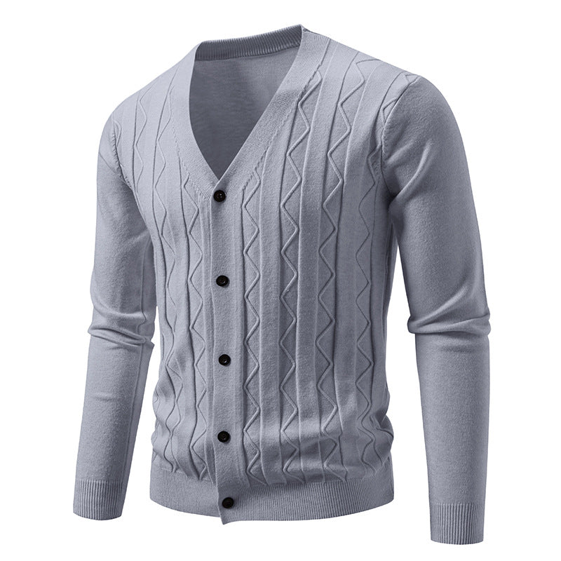 Herren nan V-Ausschnitt Strickjacke mit dezenter Zopfmusterstruktur und durchgehender Knopfleiste Drune