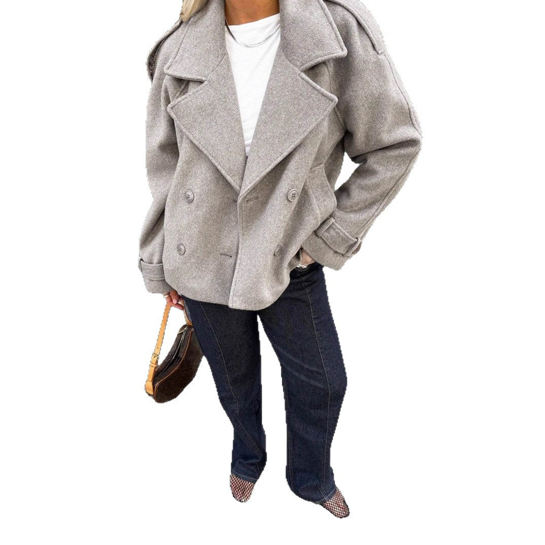 Damen modische Wolle-Lapel-Jacke mit Doppelreihe Drune