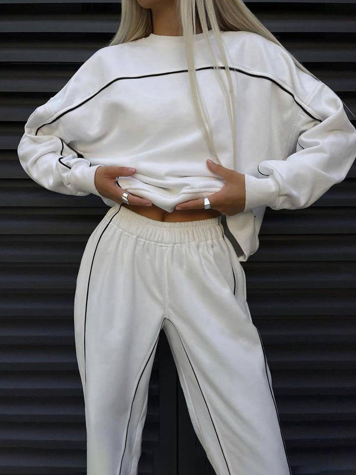 Damen nan kurzes Crop-Sweatshirt und lässige Jogginghose mit kontrastierenden Paspeln Drune