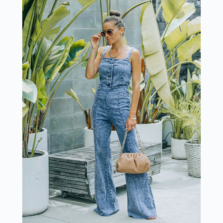 Damen Jumpsuit im lässigen Denim-Look mit weit geschnittenem Beinen und dekorativen Knöpfen Drune