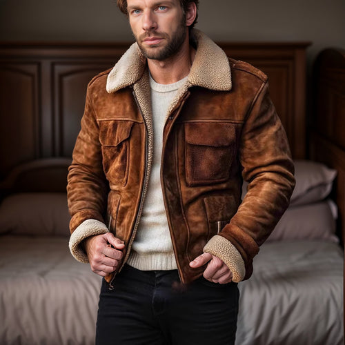 Herren Lederjacke mit warmem Sherpa-Futter und praktischen Taschen Drune