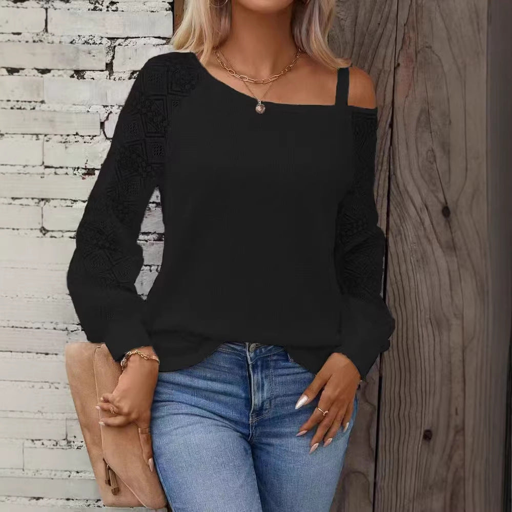 Damen Elegantes Strickoberteil mit asymmetrischem Ausschnitt und verzierten Ärmeln Drune