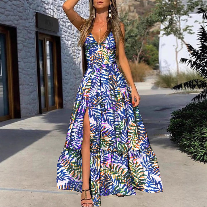 Damen Maxikleid mit romantischem Blumenmuster und hohem Schlitz Drune