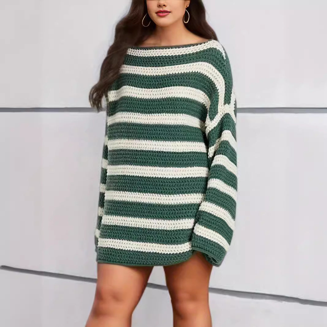 Damen lässiger Grobstrickpullover mit modernem Streifenmuster Drune