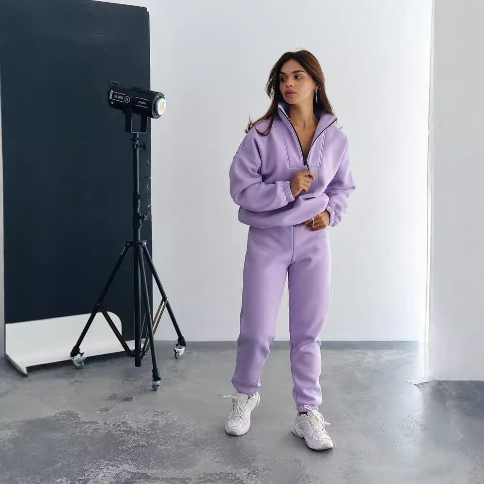 Damen Sportlicher Fleece-Traininganzug mit halbem Reißverschluss und elastischen Bündchen Drune