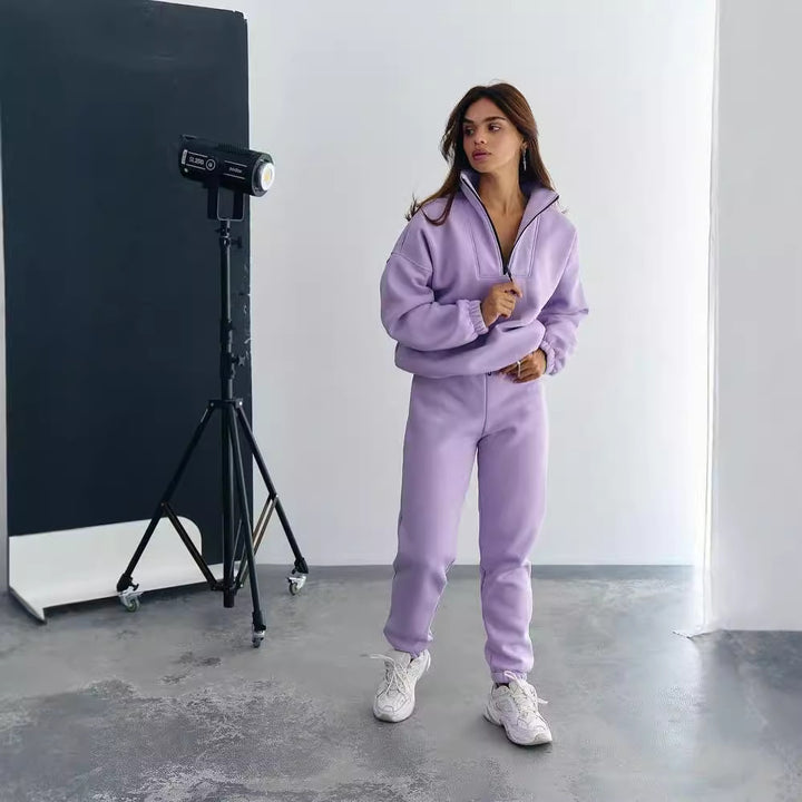 Damen Sportlicher Fleece-Traininganzug mit halbem Reißverschluss und elastischen Bündchen Drune