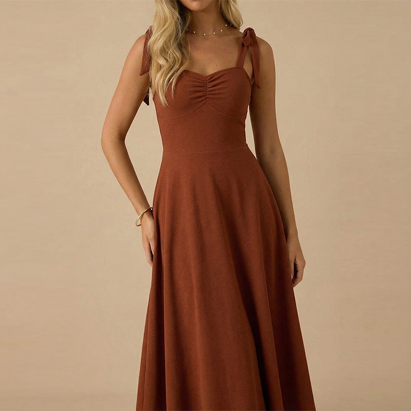 Damen Maxikleid mit niedlichen Schleifen-Trägern und gerafftem Oberteil Drune