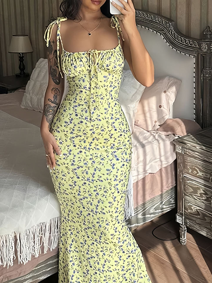 Damen Blumenmuster Maxikleid mit Figurbetontem Schnitt und Spaghetti-Trägern Drune
