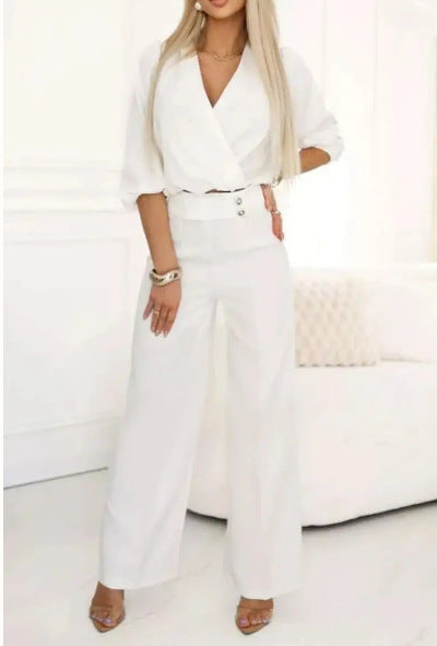 Damen eleganter Jumpsuit mit Wickeloberteil und hochtaillierten Beinen Drune