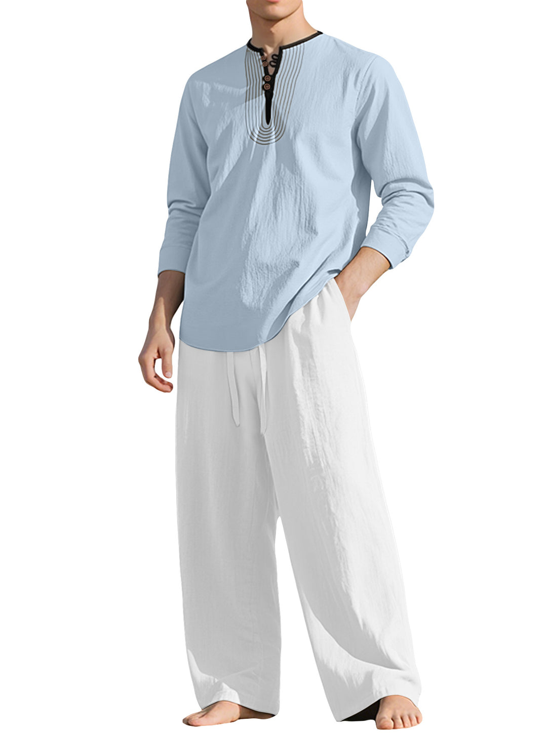 Herren nan Tunika- und Palazzohose-Set mit Henley-Blende, Zierstickerei und weitem Schnitt Drune