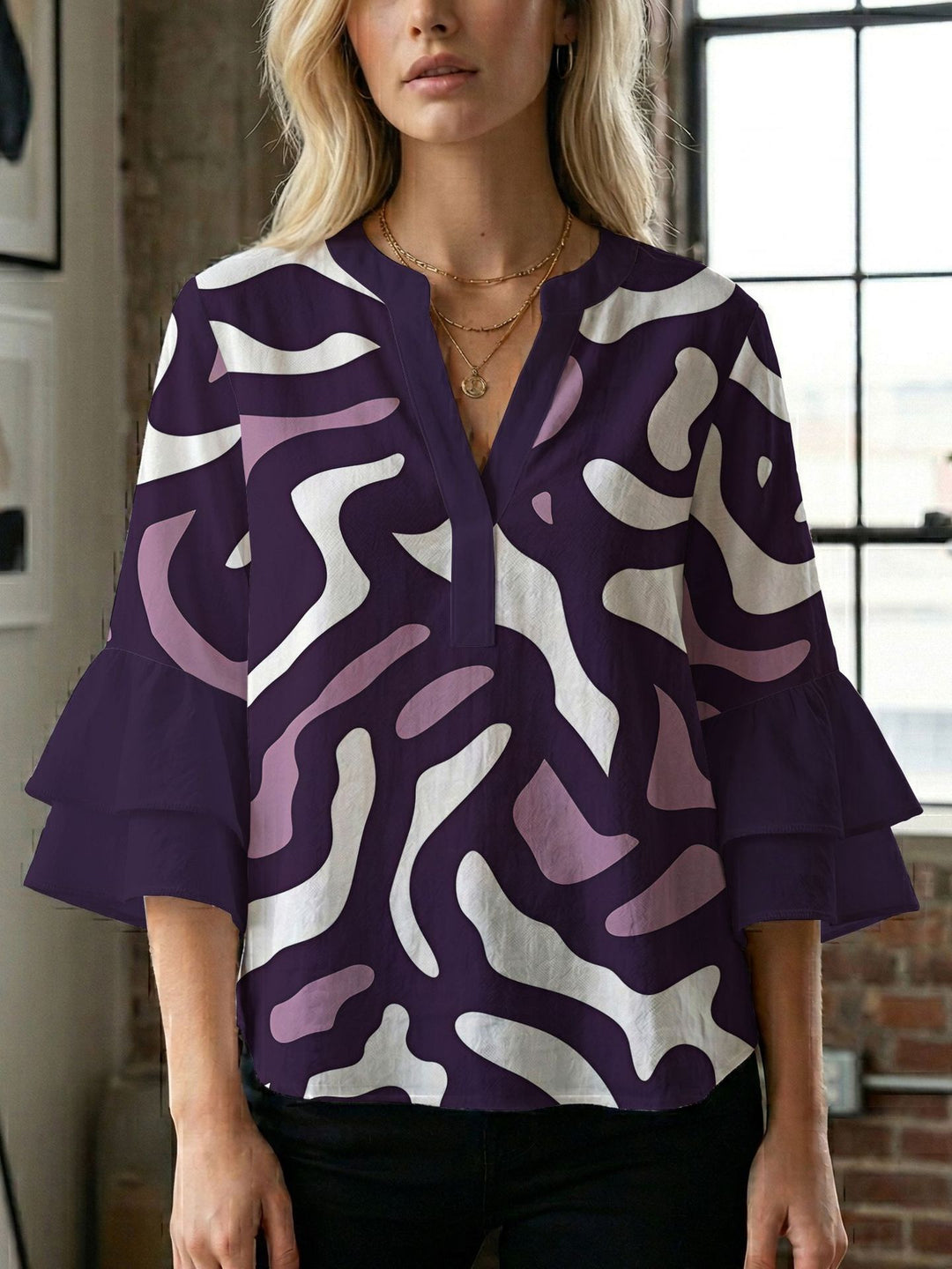 Damen Blusenshirt mit voluminösen Ärmeln und kreativem Druckdesign Drune