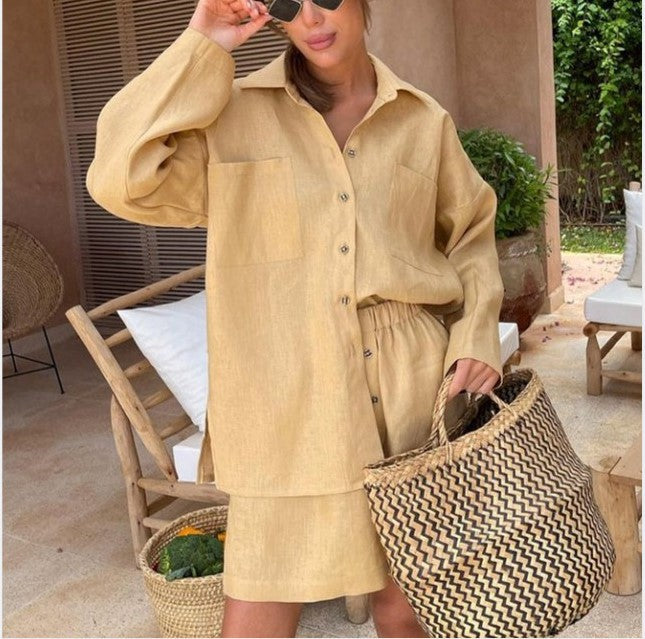 Damen Relaxed Fit Button-Up Shirt und elasticalm Bund Shorts Set Drune