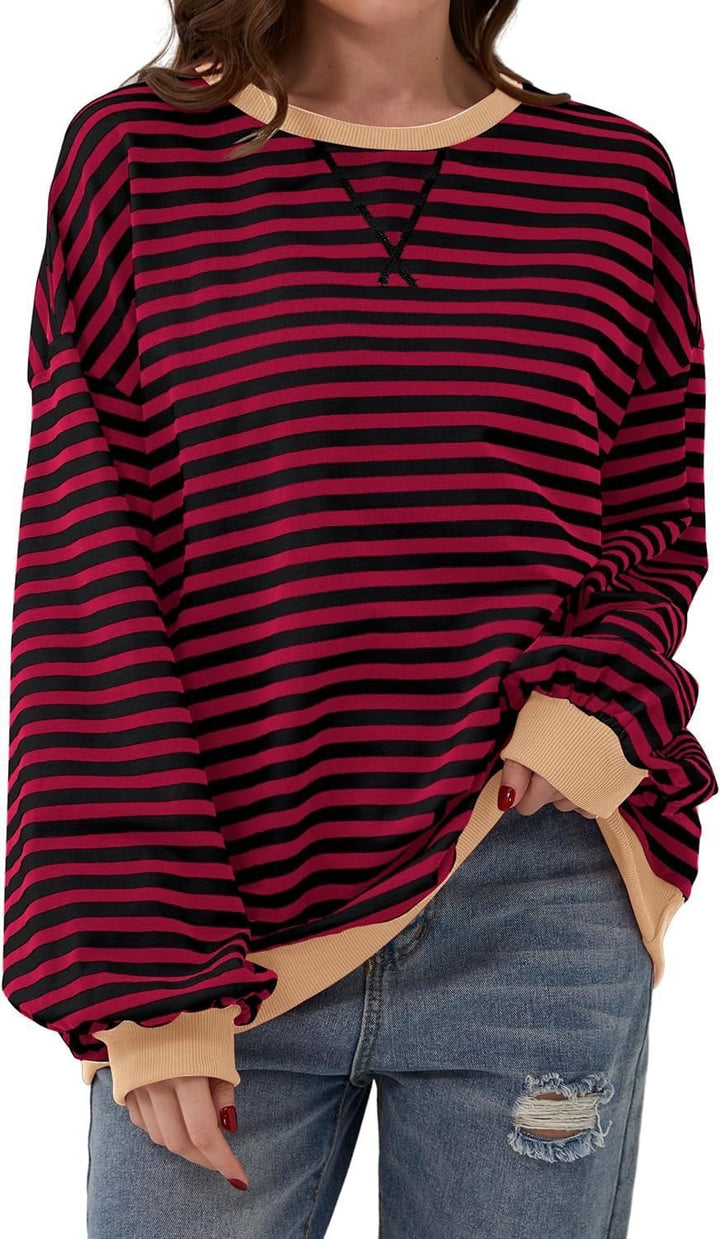 Damen Lässiger Streifenpullover mit weiten Ärmeln und Kontrastbündchen Drune
