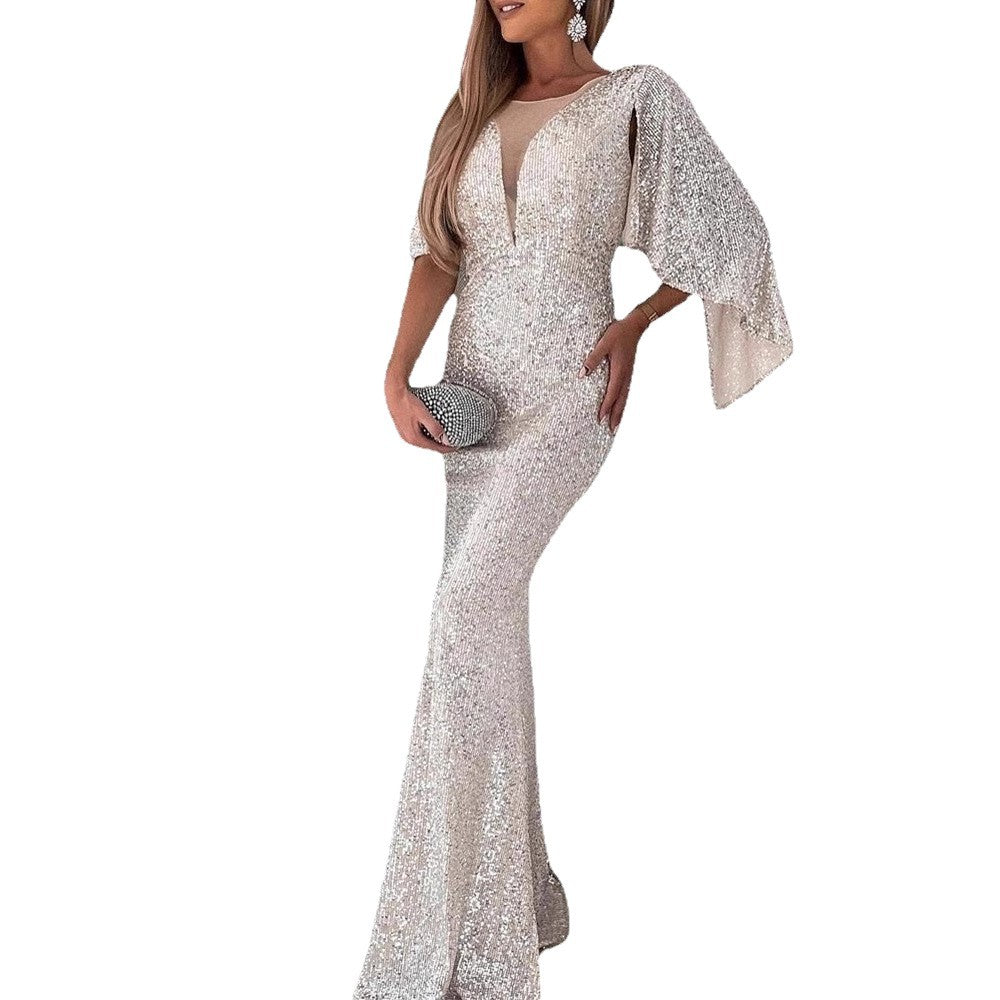 Damen Glitzerndes Abendkleid mit tiefem V-Ausschnitt und elegantem Flügelärmel Drune