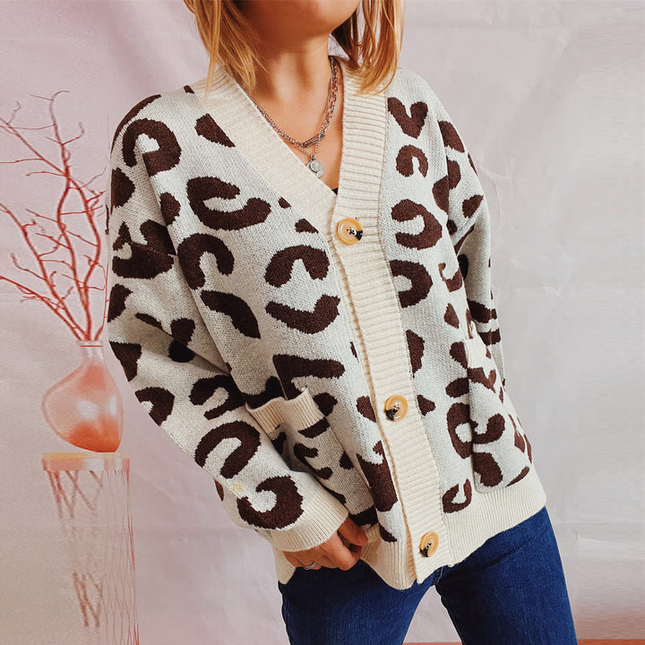 Damen Warming Cardigan mit lockeren Ärmeln und modischem Leo-Muster Drune
