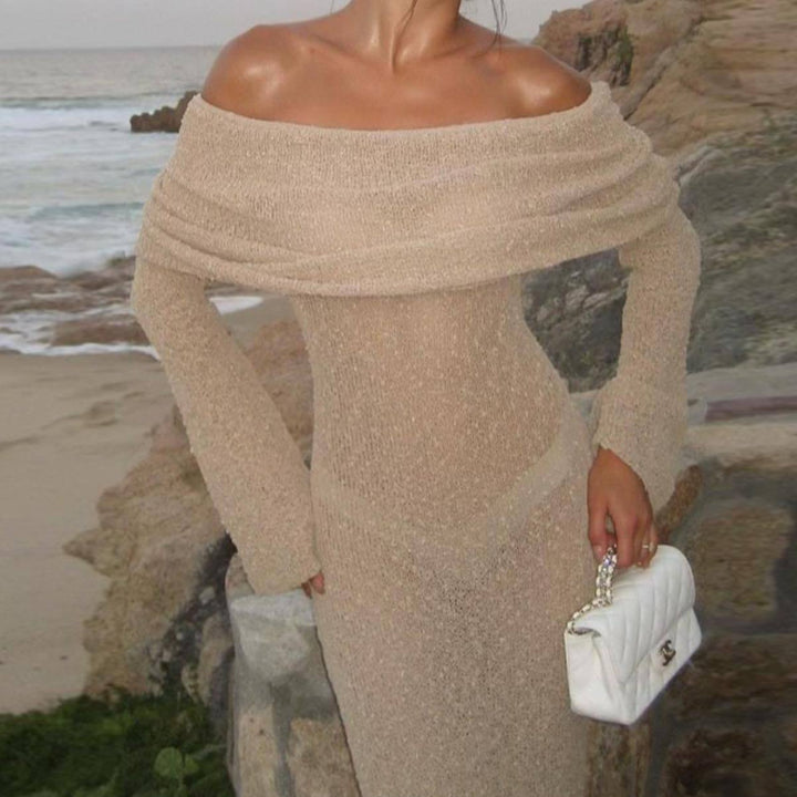 Damen Off-Shoulder Maxikleid mit langem Arm und elegantem Stoff Drune
