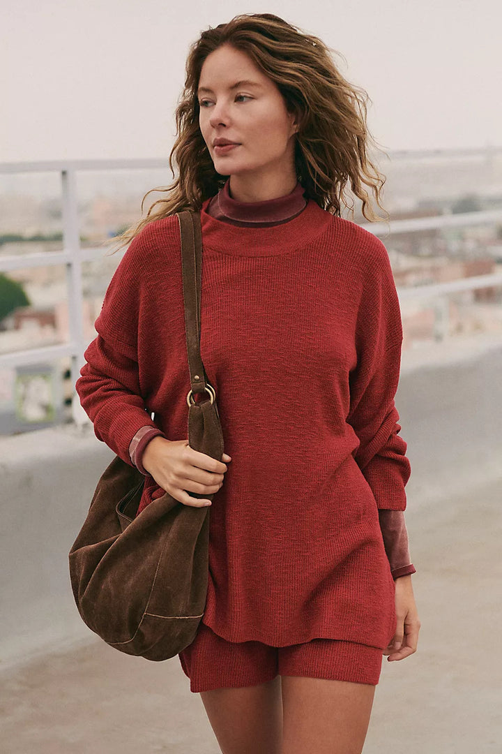 Damen Lässiges Strick-Set mit oversized Pullover und kurzen Hosen Drune