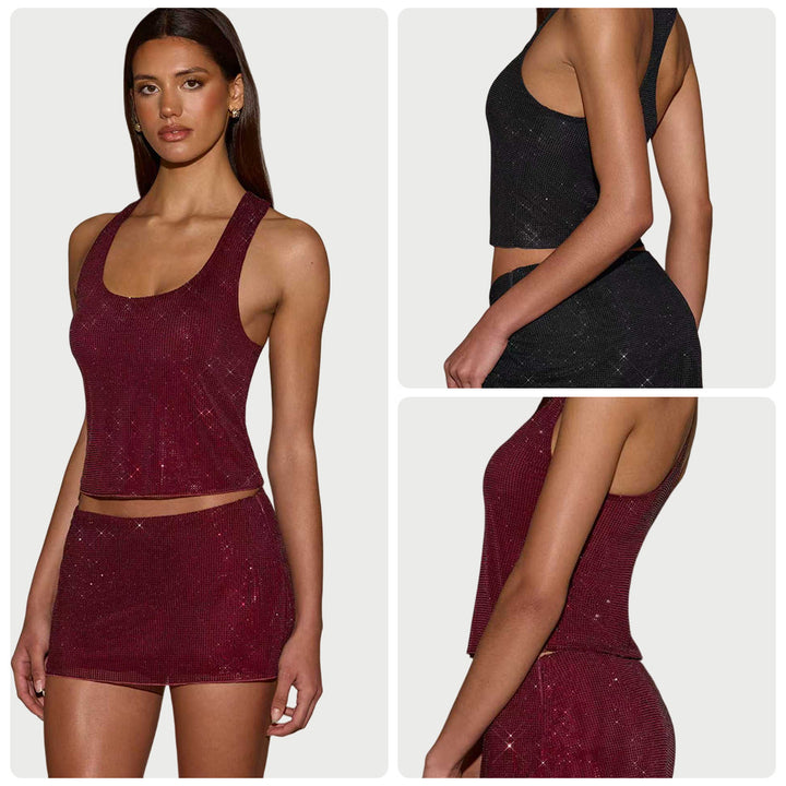 Damen Glitzerndes Sport-Set mit ärmellosem Oberteil und kurzem Rock Drune