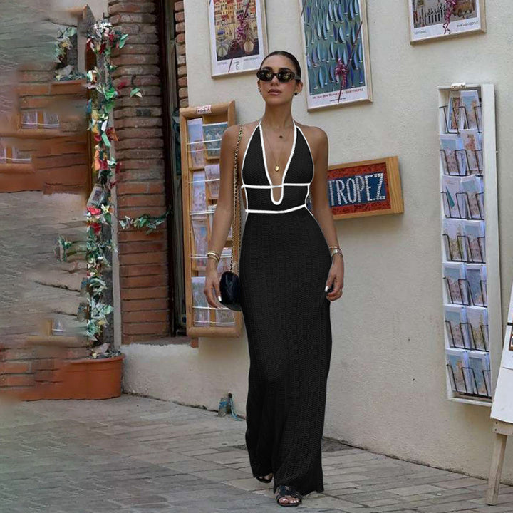 Damen Strick Maxikleid mit tiefem V-Ausschnitt und Bindebändern Drune