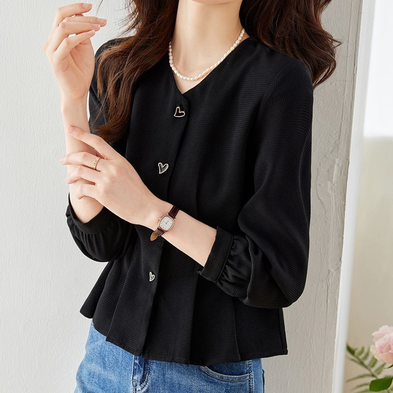 Damen elegante Bluse mit herzförmigen Knopfdetails und voluminösen Ärmeln Drune
