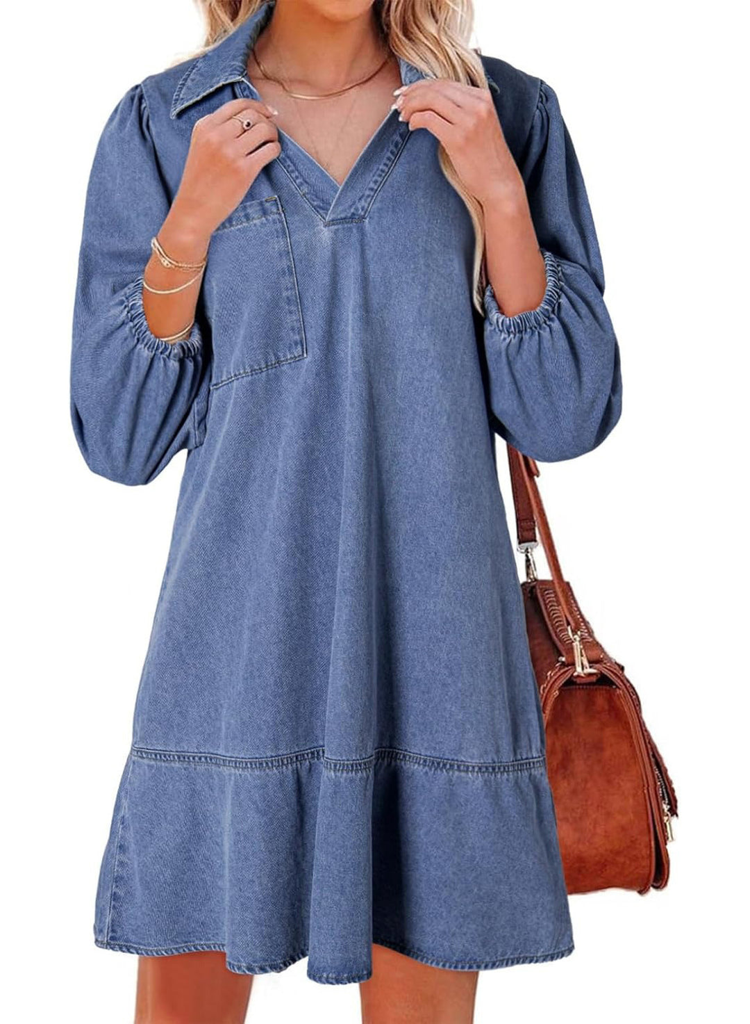 Damen Denim-Kleid mit voluminösen Ärmeln und seitlicher Tasche Drune