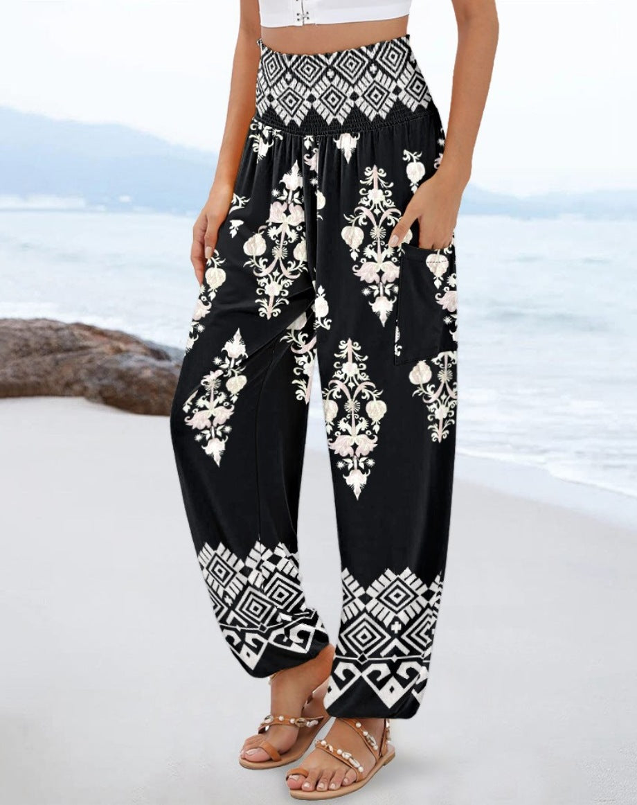 Damen weite Palazzo-Hose mit buntem Paisleymuster und elastischem Bund Drune