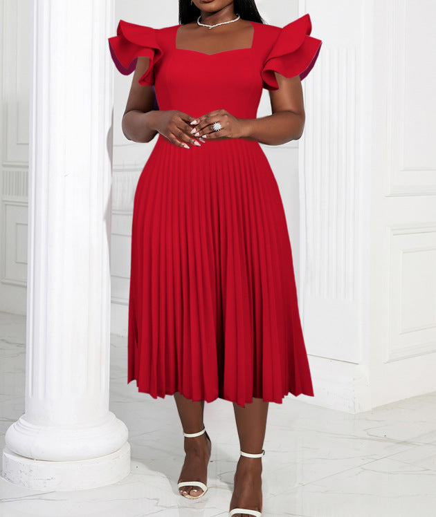 Damen plissiertes Maxikleid mit eleganten Rüschendetails Drune