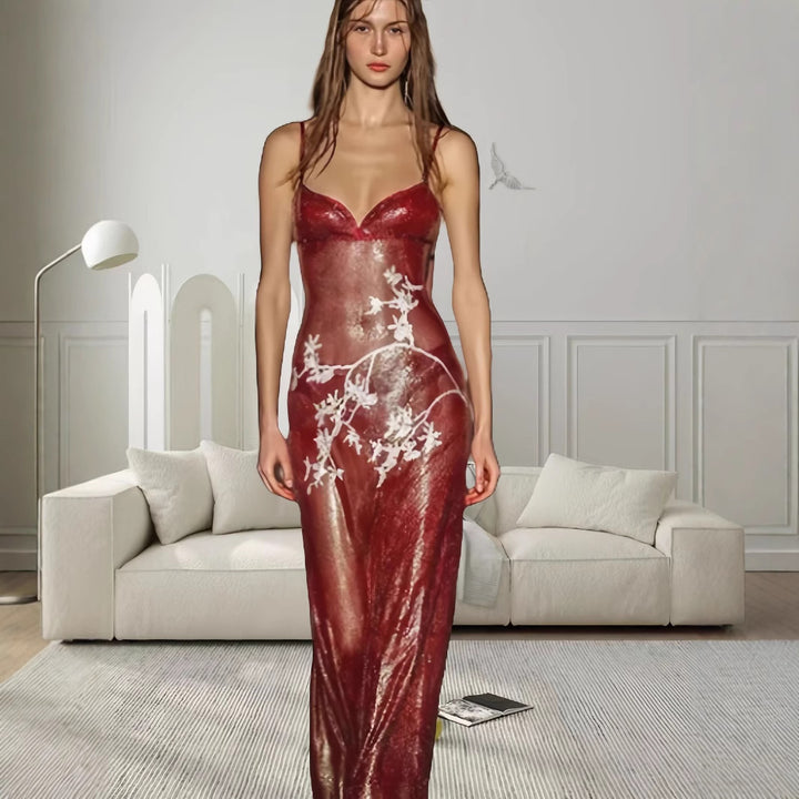 Damen elegantes V-Ausschnitt Abendkleid mit floralem Stickmuster und schmalem Schnitt Drune