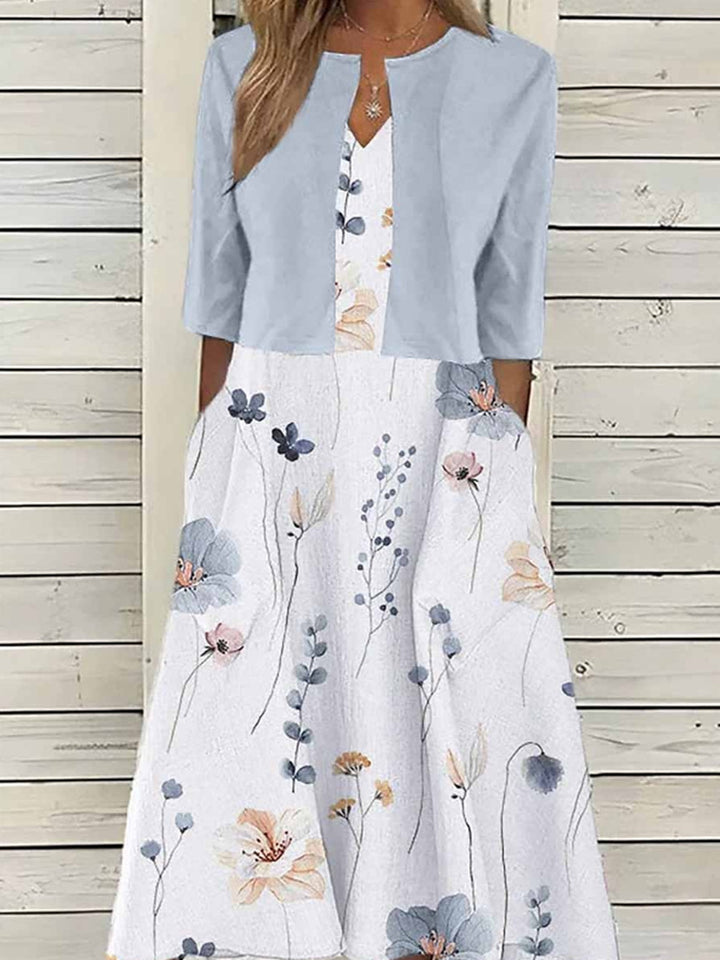 Damen nan Midikleid mit Bolero-Optik, tailliertem V-Ausschnitt, Dreiviertelärmeln und floralem A-Linienrock Drune