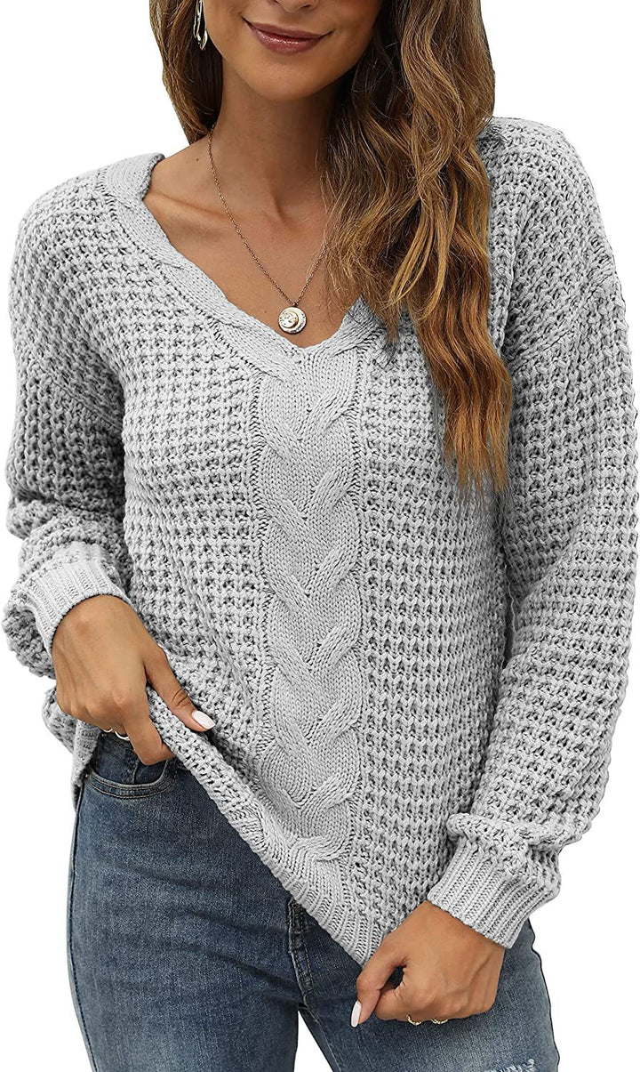 Damen lässiger Strickpullover mit tiefem V-Ausschnitt und detailliertem Zopfmuster Drune