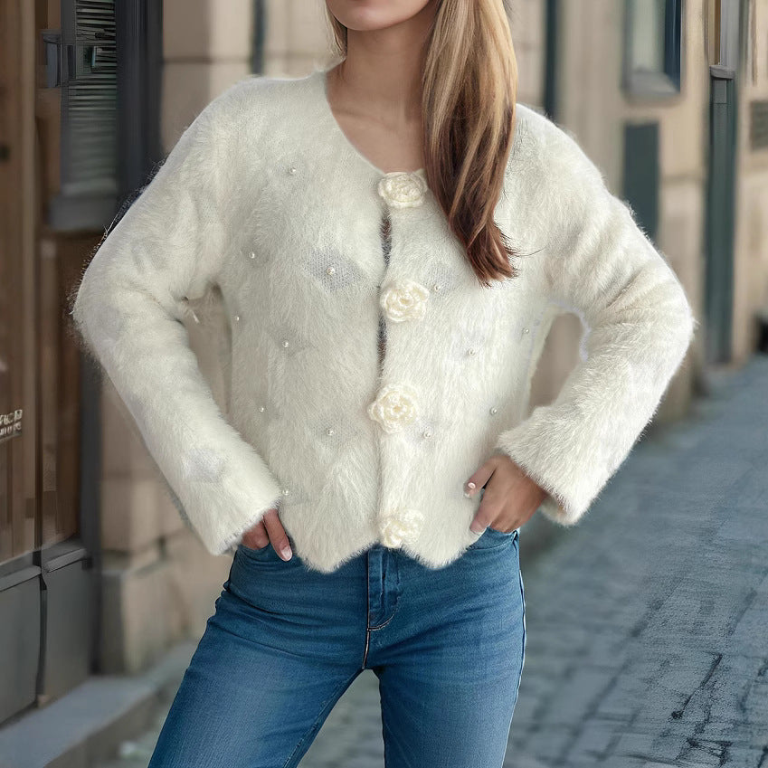 Damen feine Strickjacke mit Blumenapplikationen und Perlenakzenten Drune