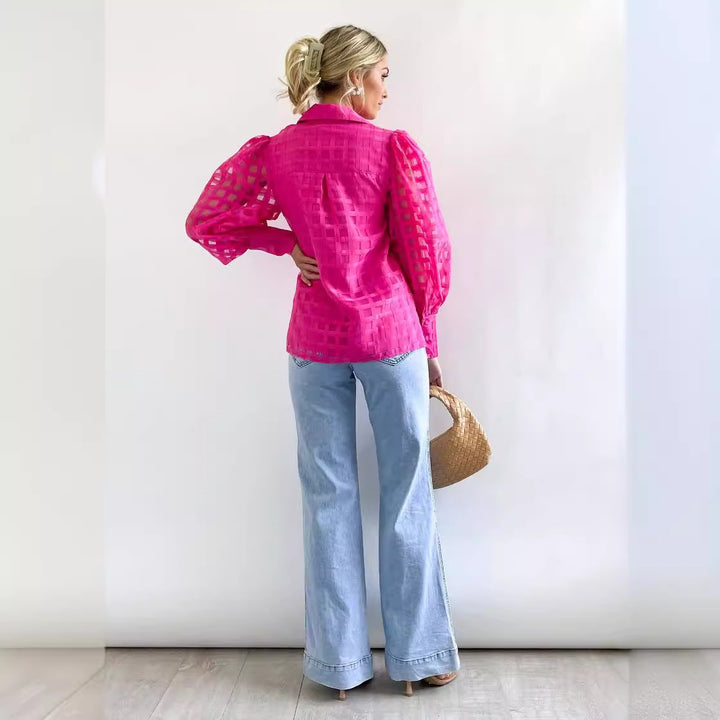 Damen Bluse mit Puffärmeln und Karomuster Drune