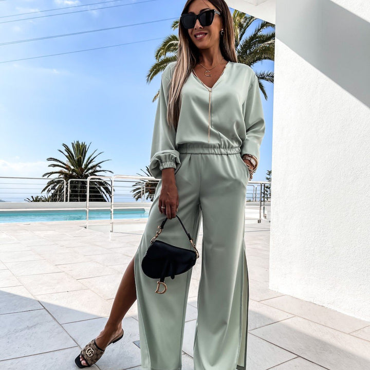 Damen elegantes Jumpsuit mit weiten Beinen und V-Ausschnitt Drune
