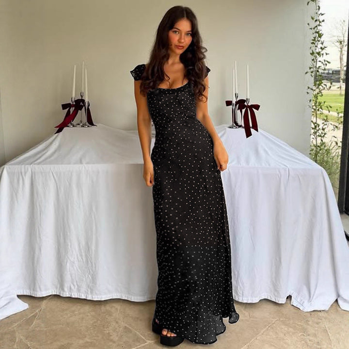 Damen Maxi-Kleid mit zarten Spaghettiträgern und Polka-Dot-Muster Drune