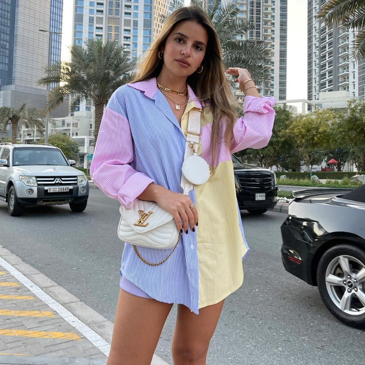 Damen nan oversized Hemdbluse mit Blockstreifen und Brusttasche Drune