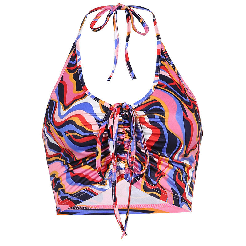 Damen Crop-Bikini-Oberteil mit Kordelzug und farbenfrohem Design Drune