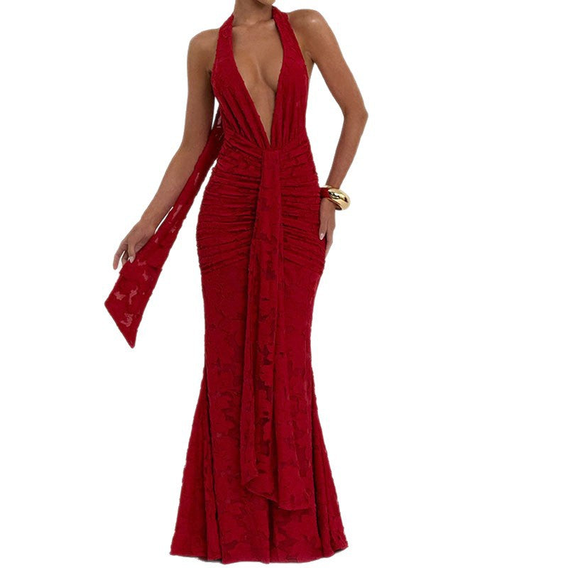 Damen Elegantes, figurbetontes Abendkleid mit tiefem V-Ausschnitt und Rüschendetails Drune