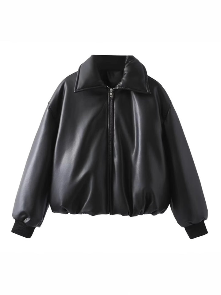 Damen lässige Kunstlederjacke mit voluminösem Schnitt und praktischen Taschen Drune