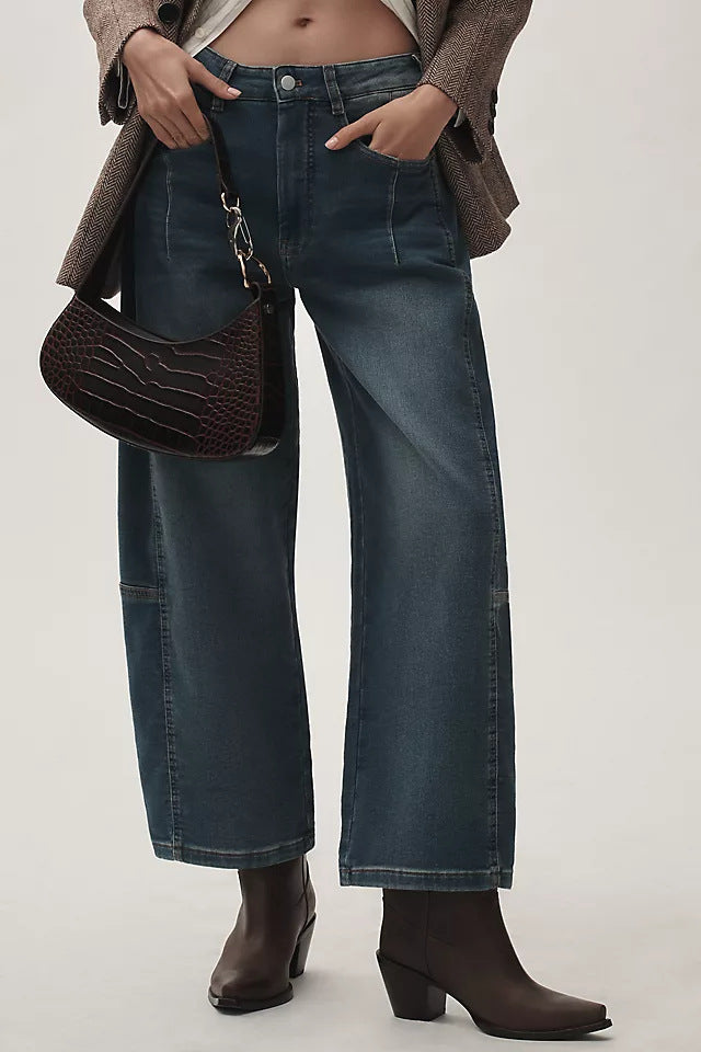 Damen weite Denim-Hose im modernen Schnitt mit hohem Bund Drune