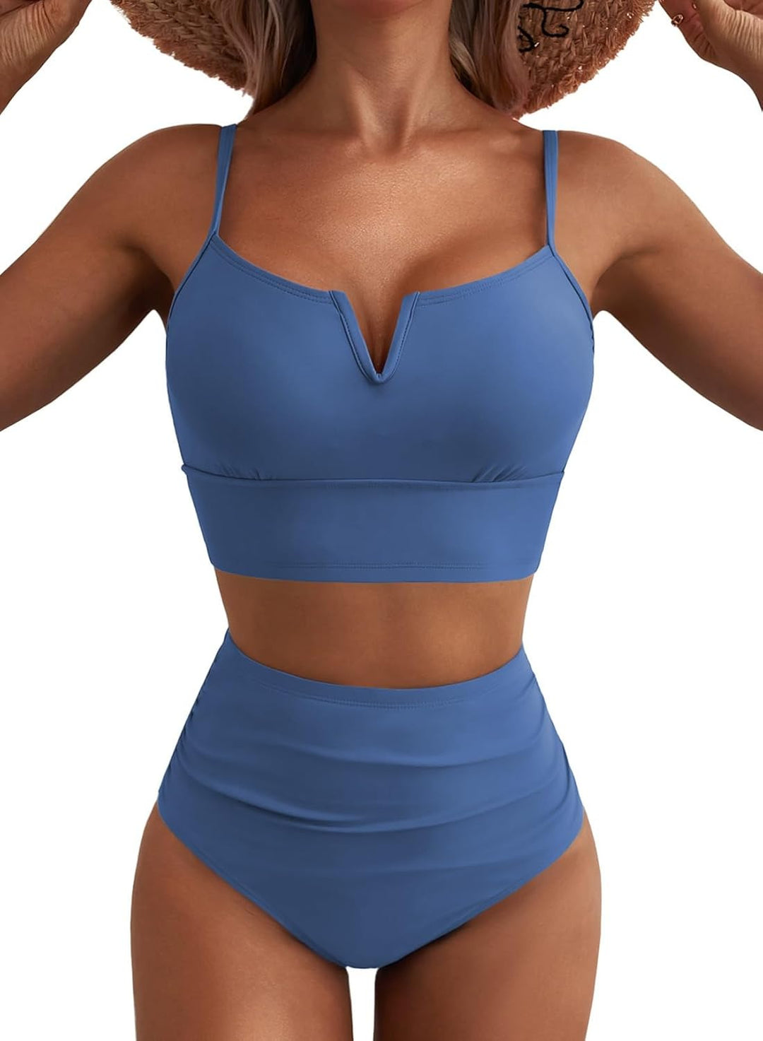 Damen Hochtailliertes Bikini-Set mit V-Ausschnitt und breiten Trägern Drune