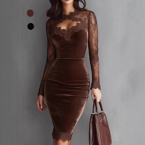 Damen Elegantes Samtkleid mit Spitzeneinsätzen und tailliertem Schnitt Drune