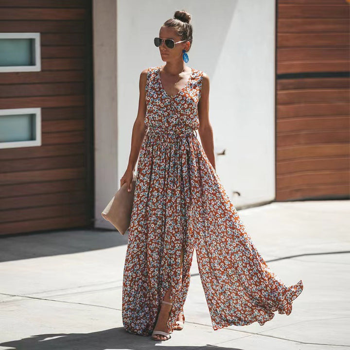 Damen Maxi-Kleid mit floralem Design und hohem Schlitz Drune