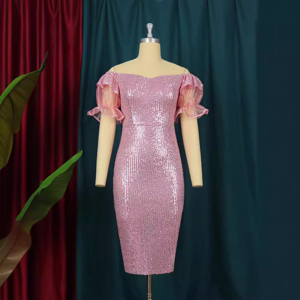 Damen Glitzerndes Cocktailkleid mit schulterfreiem Design und voluminösen Puffärmeln Drune